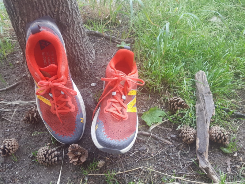 Trailrunning Schuh von New Balance steht vor einem Baum